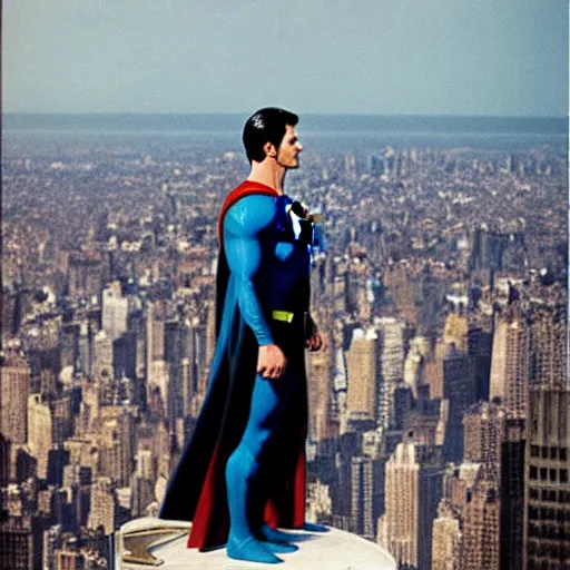 Prompt: superman from back sitting on chair standing on top of the empire state building strong stance photo by annie leibovitz