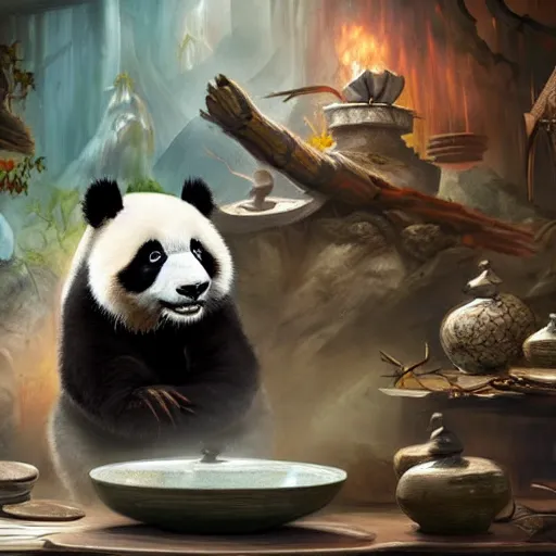 Prompt: Angry Panda in porcelain shop, magic the gathering artwork, centered, detailed, 4k, trending on artstation