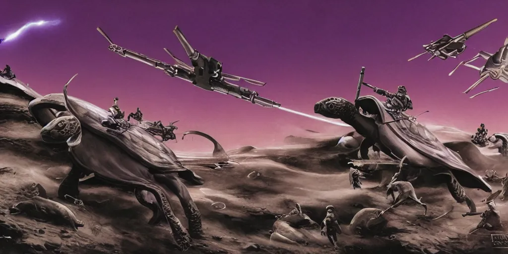 Image similar to neurotic depiction of a battlefield with horses riding drones and militarized turtles, weapon design by zaha hadid, y 2 k aesthetic, dark purple background, chesley bonestell, 4 k