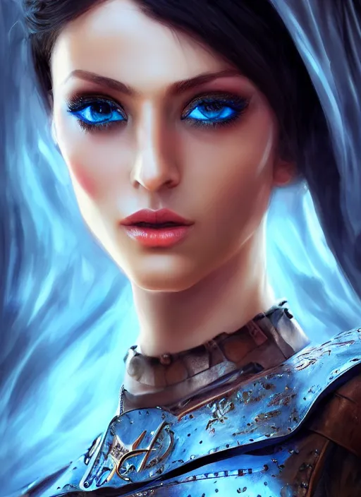 Image similar to Beautiful Arab girl, blue eyes, leather, portrait, fantasy, medieval, oil colors, elegant, concept art, sharp focus, beautiful face, digital art, Hyper-realistic, 4K, Unreal Engine, Highly Detailed, HD, Dramatic Lighting by Brom, trending on Artstation