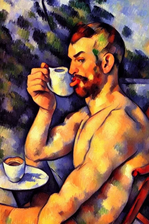 Image similar to attractive man drinking coffee, sunset, painting by paul cezanne, vladimir volegov, j. c. leyendecker, tom of finland, trending on artstation