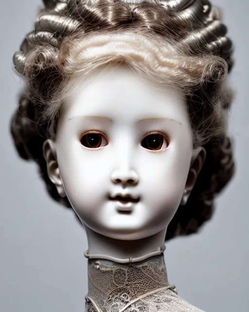 Prompt: an elegant beautiful antique porcelain doll - bio - mechanical cyborg head with long curly metal hair and cracked face, small nose, by cecile beaton, artstation, glamor shot, closeup, f / 2. 8, desaturated, 1 6 k, angelic, insanely detailed and intricate, hypermaximalist, hyper realistic, super detailed