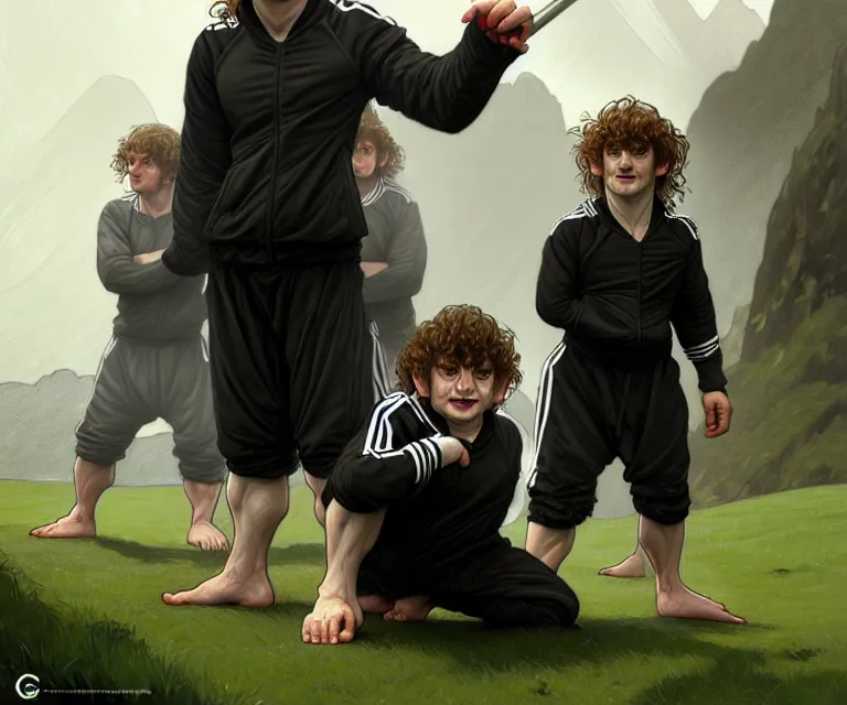 Image similar to portrait three hobbits as squatting slavs in black adidas track suits with white stripes down the leg, caricature, highly detailed, digital painting, artstation, concept art, sharp focus, cinematic lighting, illustration, art by met mangindaan, artgerm and greg rutkowski, alphonse mucha, cgsociety