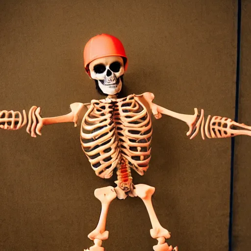 Image similar to a skeleton. his hands looks like traffic - cones. full body photography.