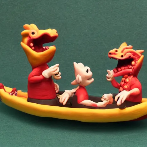 Image similar to polymer clay dragons in a canoe, eating pizza, claymation