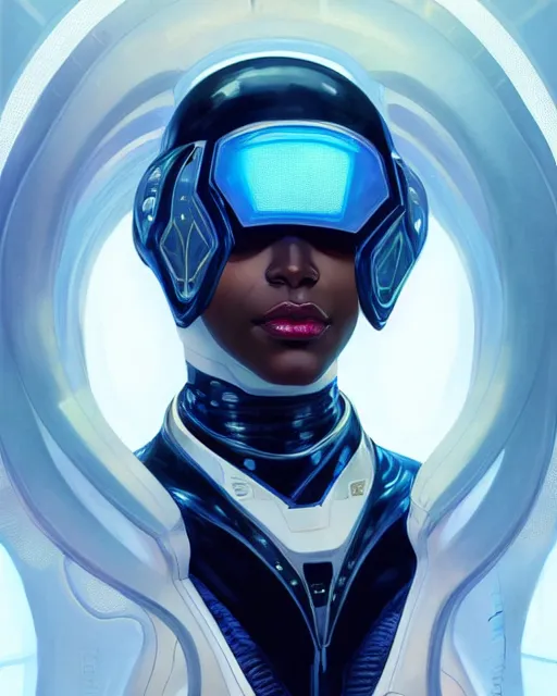 Image similar to Portrait of very very very very very very beautiful black woman, spacesuit, futuristic cybernetic helmet, blue eyes, real life skin, intricate, elegant, highly detailed, artstation, concept art, smooth, sharp focus, art by artgerm and greg rutkowski and alphonse mucha