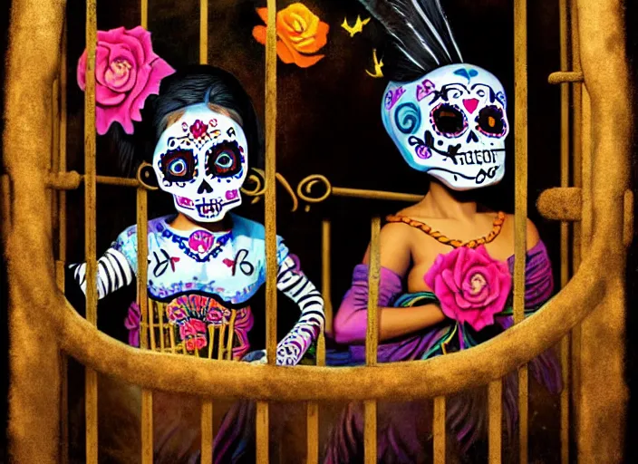 Image similar to a child wearing dia de los muertos costume in a cage, behind bars, whispers secrets to her alejbrie animal spirit. sharpe matte painting, lowbrow, pop surrealism art, neo expressionism, nouveau realisme decollage, contemporary art illustration, oaxacan alebrijes, photography by steven curry
