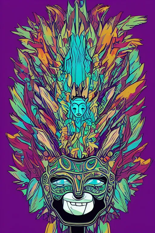 Image similar to animal mask totem roots flower tribal feather gemstone plant wood rock shaman vodoo video game vector cutout illustration vivid multicolor borderlands comics by josan gonzales and dan mumford radiating a glowing aura