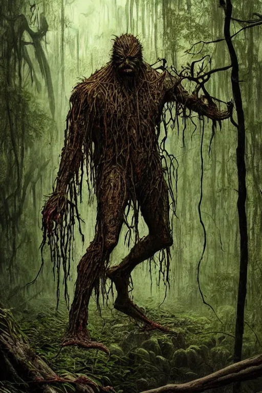 Image similar to realistic photo of the swamp thing, through the creepy forest, on the way lies a rotting corpse among the rocks. and he takes it in his hands. deep focus, intricate, elegant, highly detailed, digital painting, station art, concept art, matte, sharp focus, illustration, art by artgerm and greg rutkowski and alphonse mucha