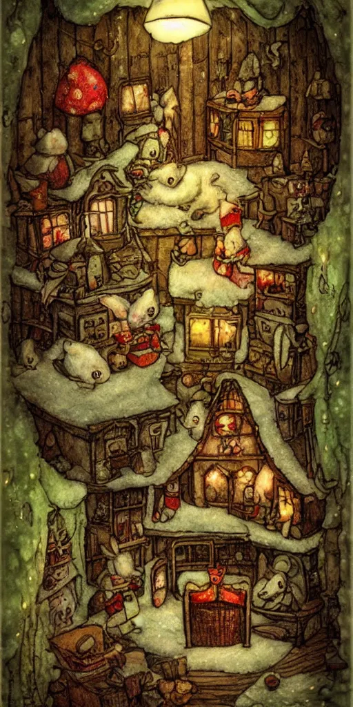 Image similar to an indoor christmas mice scene by alexander jansson