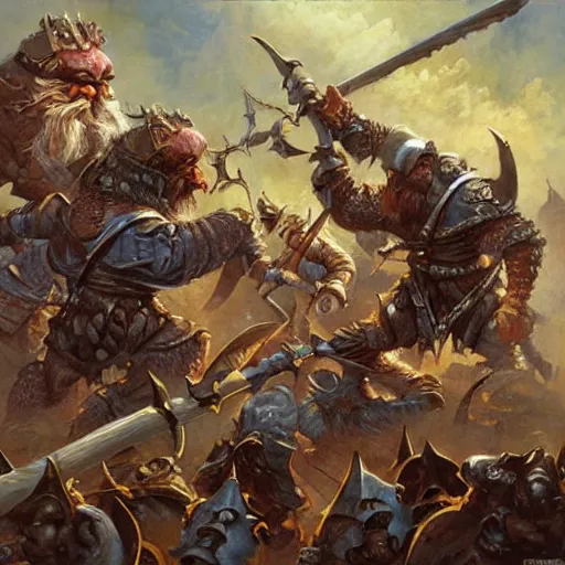 Image similar to DnD dwarves fighting goblins. Epic painting by james gurney.