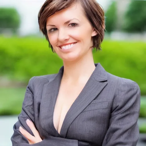 Image similar to brunette woman, short messy hair, business suit, bright green eyes