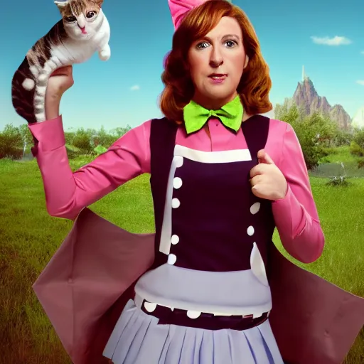 Image similar to Film still of female Saul Goodman wearing a cat maid suit by Thomas romain, trending on artstation, artstationHD, artstationHQ