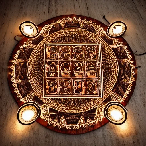 Prompt: a wooden ouija board, intricate, detailed, symbols, RGB LED lights, rendered