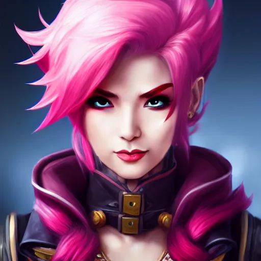 Prompt: portrait of Vi from League of Legends, by Fortiche Studio, from Netflix's Arcane, trending on artstation,fine details, angry look, realistic shaded, fine-face, Steampunk city on the background, red hair, award winning, painted texture, pretty face,by Artgerm