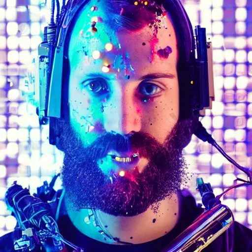 Image similar to Beautiful Photo of Arduino Uno in the robot's head. beard man. Cyberpunk. splatterpunk. 4K