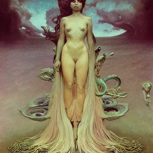 Image similar to queen of neptune by zdzisław beksinski, alexander mcqueen, gaston bussiere and alphonse mucha. highly detailed, hyper - real, beautiful