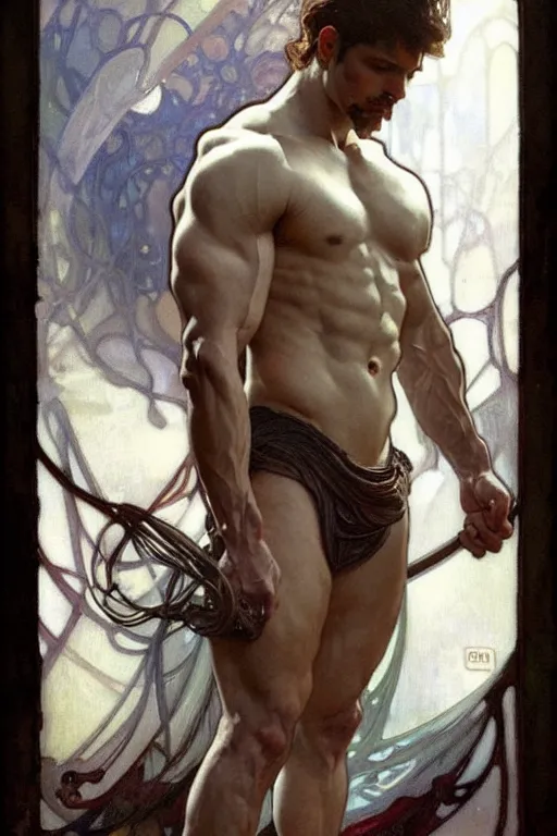 Image similar to A man wearing silver clothes, muscular, fantasy, painting by greg rutkowski and alphonse mucha