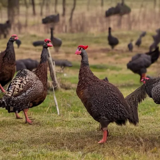 Prompt: group of wild turkeys in a field pecking at a well done steak