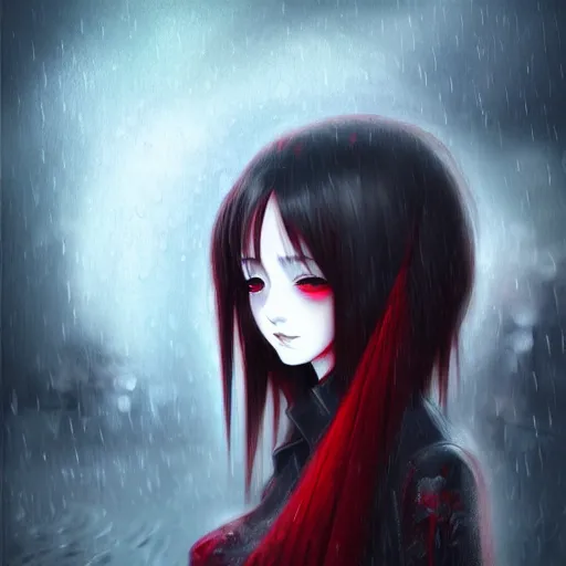 Image similar to beautiful seductive female ghost, in the rain, highly detailed, painting, dark red and black color palette, intricate, high quality 3 d anime artstyle, in the style of sana takeda