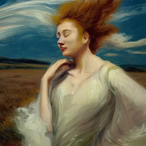 Image similar to the painting depicts a woman standing in a field of ashes, her dress billowing in the wind. her hair is wild and her eyes are closed, and she seems to be in a trance - like state. the painting is dark and atmospheric, and the ashes in the field seem to be almost alive, swirling around. by harriet backer, by nicolas de stael atmospheric