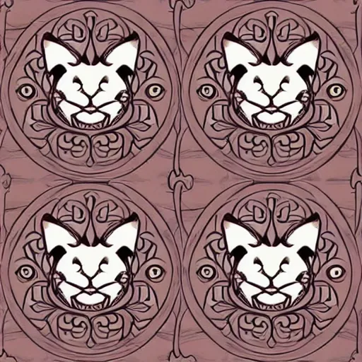 Image similar to drawing realistic stylized cute smiling cats in the style of art nouveau in a repeating pattern. symmetric. detailed. hd