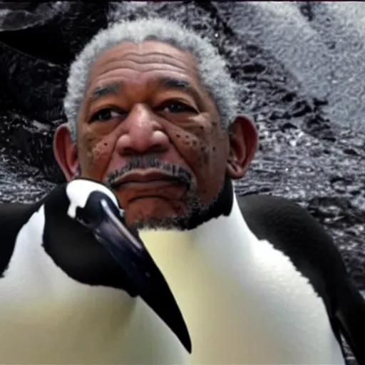 Image similar to a penguin narrating a Morgan Freeman movie for once, high definition