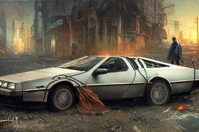 Image similar to photograph of the delorean driving down the streets of a cyberpunk abandoned city, by greg rutkowski, by stanley artgerm, by alphonse mucha