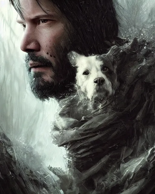 Prompt: keanu reeves as a ghost with his dog, hyper realistic face, beautiful eyes, fantasy art, in the style of greg rutkowski, intricate, hyper detailed, smooth