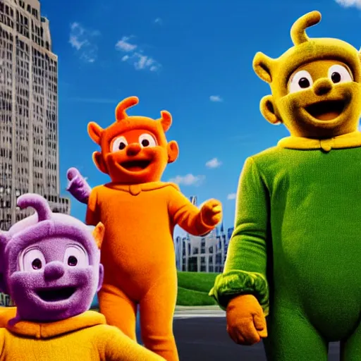 Prompt: teletubbies as bank robbers in new york city, 4k, high detail, high-resolution photograph, professional photography, ultra-detail