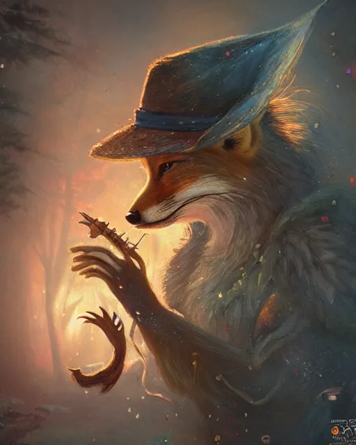 Image similar to Fox playing Flute in magical forest, portrait, wearing hat, magical notes, fairy atmosphere, magic the gathering artwork, D&D, fantasy, cinematic lighting, centered, symmetrical, highly detailed, digital painting, artstation, concept art, smooth, sharp focus, illustration, volumetric lighting, epic Composition, 8k, art by Akihiko Yoshida and Greg Rutkowski and Craig Mullins, oil painting, cgsociety
