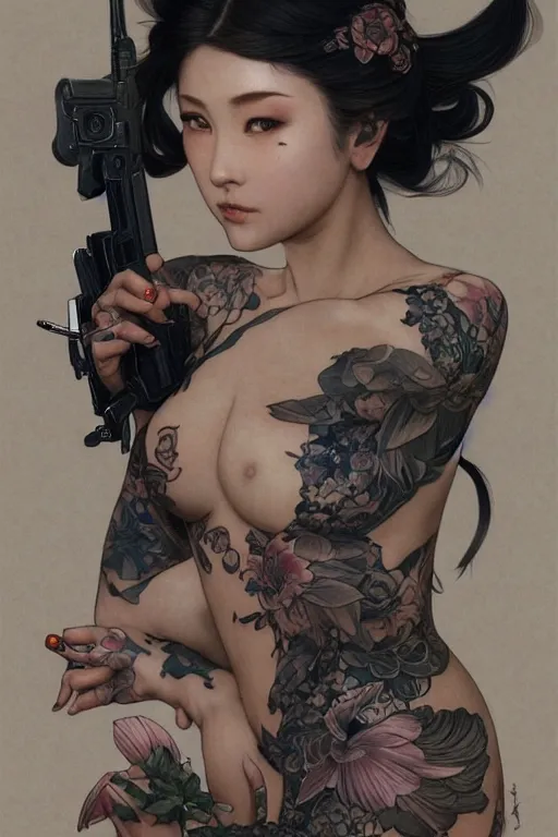 Prompt: tattooed yakuza girl holding a gun, intricate, elegant, highly detailed, digital painting, artstation, concept art, smooth, sharp focus, illustration, art by artgerm and greg rutkowski and alphonse mucha and william - adolphe bouguereau