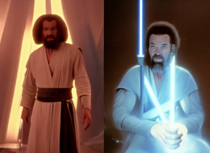 Image similar to screenshot of Bob Ross kneeling before the larger than life glowing blue spirit of qui gon jinn at a hazy lit ancient Jedi cathedral, screenshot from the 1970s star wars thriller directed by stanley kubrick, Photographed with Leica Summilux-M 24 mm lens, ISO 100, f/8, Portra 400, kodak film, anamorphic lenses