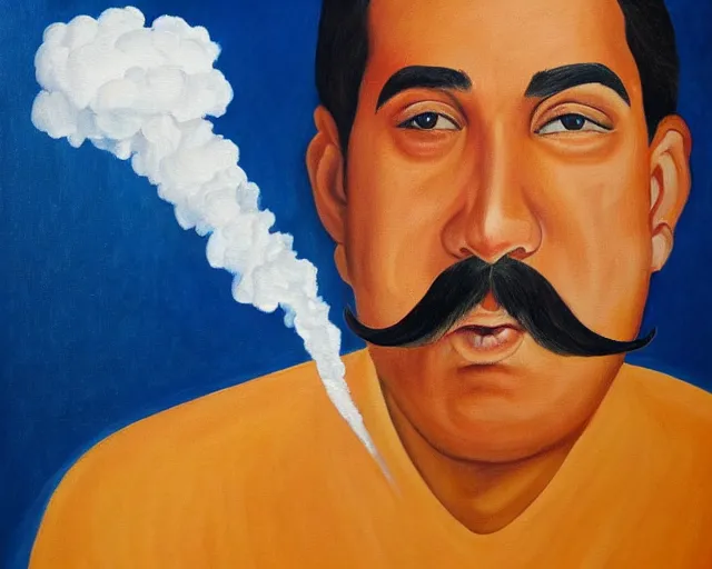 Prompt: a surreal painting of a latino man with a fu manchu mustache smoking a joint