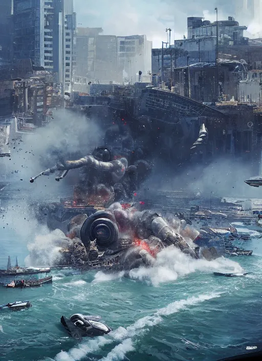 Image similar to hyper realistic squid robot attacking cape town city harbor explosions, atmospheric beautiful details, strong composition painted by kim jung giu weta studio rutkowski, james gurney and greg rutkowski, and lucasfilm