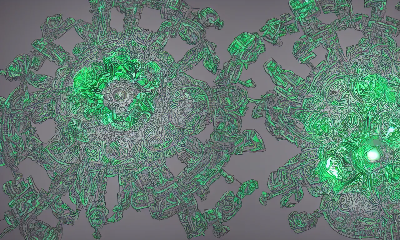 Image similar to mandrelbot 3 d volume fractal mandala ceramic chakra digital color stylized an ancient white bone and emerald gemstone relic, intricate engraving concept 3 d point lighting substance patern natural color scheme, global illumination ray tracing hdr fanart arstation by sung choi and eric pfeiffer and gabriel garza and casper konefal