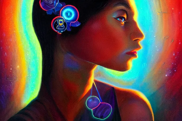 Image similar to patron saint of 🛸🌈👩🏾, futuristic clothing, neon god of city character portrait, in the style of margaret keane, moebius, tom bagshaw, and waterhouse, cinematic lighting, beautiful, elegant, oil painting,