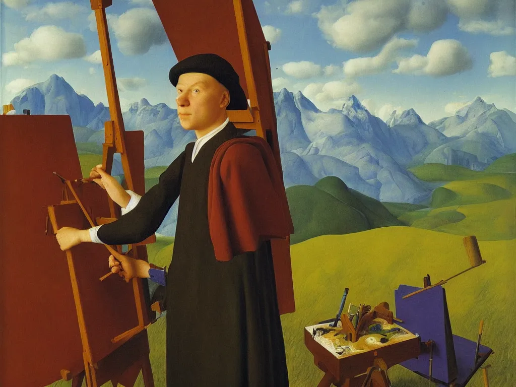 Prompt: portrait of a young expressionist painter at his easel, canvas. landscape with icy mountains far away. painting by jan van eyck, rene magritte, agnes pelton