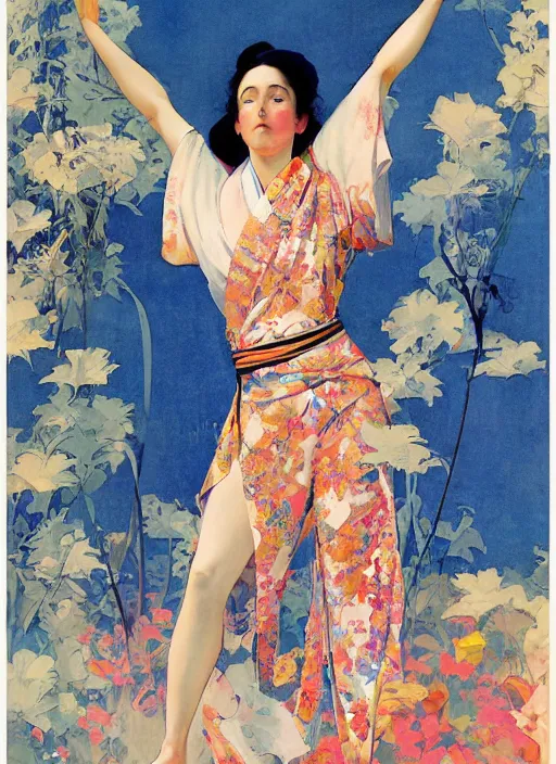 Prompt: an art nouveau realistic illustration poster of a girl doing yoga with a kimono designed by balenciaga by john berkey and norman rockwell