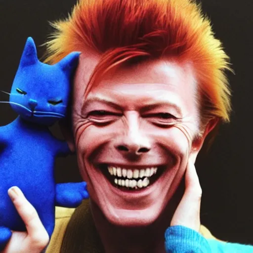 Prompt: david bowie laughing at a blue cat in his hands