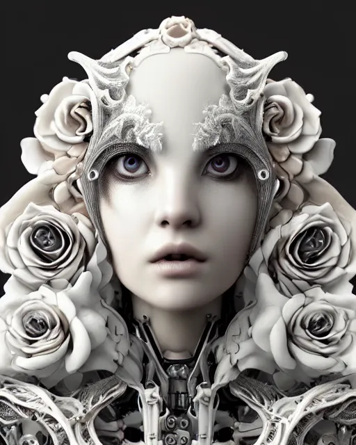 Image similar to bw dreamy close - up profile face, beautiful young porcelain intricate steampunk bio - mechanical vegetal - dragon - cyborg - female, white roses ornate metallic armour, white fluffy feathers, fine mandelbrot fractal lace, 1 5 0 mm, soft rim light, elegant, hyper real, ultra detailed, octane render, hg giger, 1 6 k