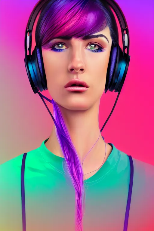 Image similar to a award winning half body portrait of a beautiful woman with stunning eyes in a croptop and cargo pants with ombre purple pink teal hairstyle with headphones on her ears by thomas danthony, surrounded by whirling illuminated lines, outrun, vaporware, shaded flat illustration, digital art, trending on artstation, highly detailed, fine detail, intricate