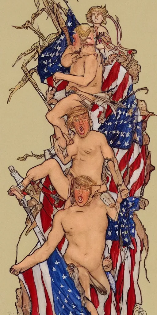 Prompt: donald trump as a sultry warrior sitting on top of an american flag cake, mucha meets norman lindsay style