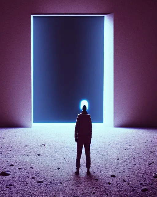 Prompt: a person standing in front of a glowy open door that's on a barren moon, poster art by mike winkelmann, trending on cg society, space art, sci - fi, ue 5, futuristic, volumetric lighting, light casting onto the ground, neat composition and camera angle