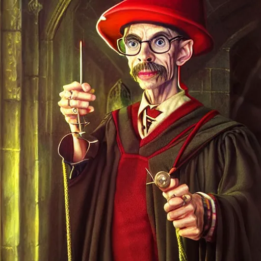 Prompt: Portrait of Rincewind as a neurotic Professor of Defence Against the Dark Arts at Hogwarts School of Witchcraft and Wizardry, detailed, hyperrealistic, colorful, cinematic lighting, digital art by Paul Kidby