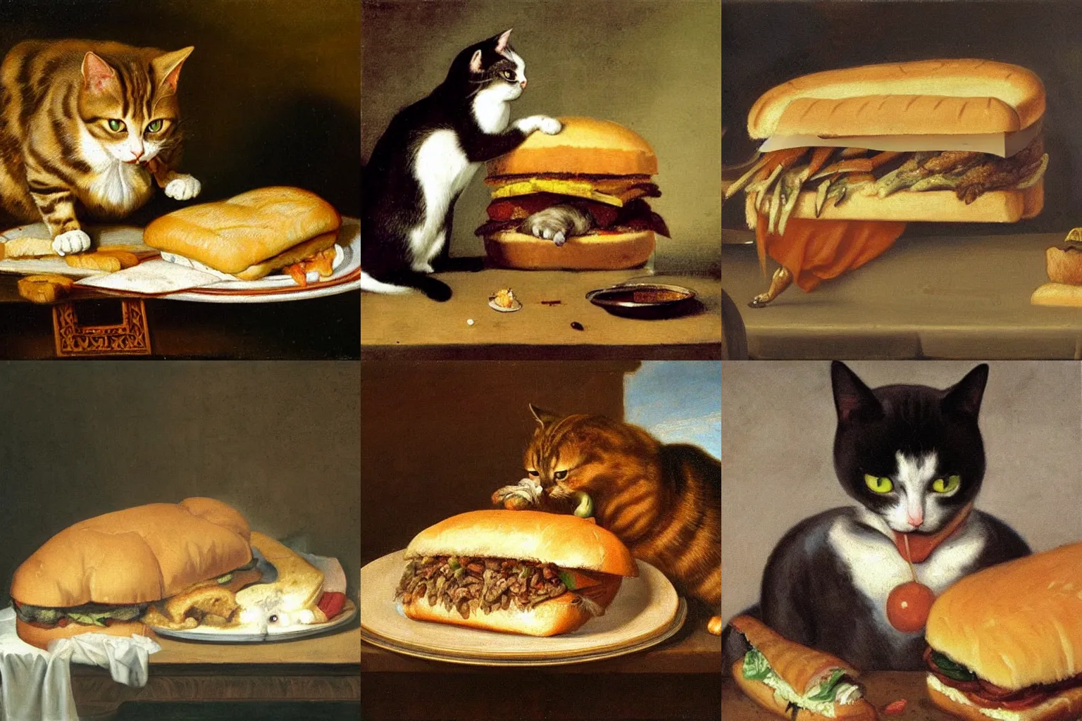 Prompt: an oil painting of a cat eating a big sandwich, by Rembrant. Cat eating sandwich. Cat has food in it\'s mouth.