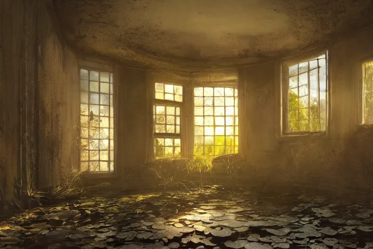 Image similar to the interior of an old abandoned house, a small pond in the center of the house. koi fish swim in the pond. golden rays of sunlight enter through the window., digital art, trending on artstation, matte painting, concept art, drawn by greg rutkowski, inspired by johannes vermeer, cold colors