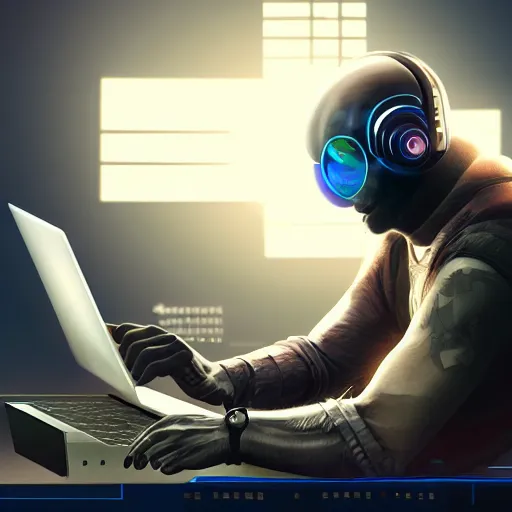 Image similar to realistic man using laptop in gaming room, artstation trends, cyberpunk concept art, highly detailed, intricate, sharp focus, digital art, 8 k