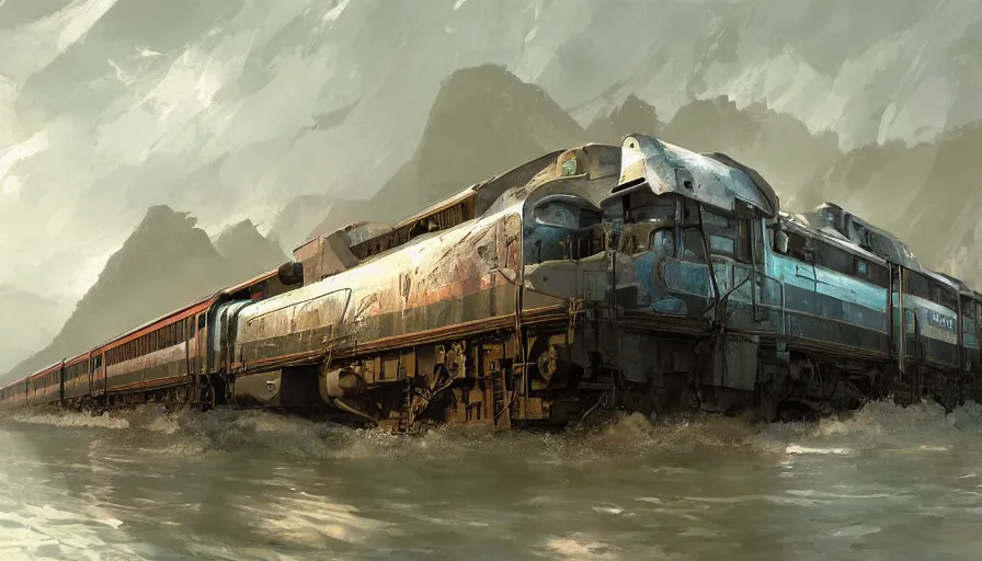 Image similar to craig mullins and ghibli digital illustration of a long dragon train in deep ocean unreal engine, hyper realism, realistic shading, cinematic composition, realistic render, octane render, detailed textures, photorealistic, wide shot