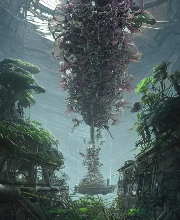 Image similar to a giant weird industrial plant made out of isopod dragonflies, in the style of a strange asymmetrical spaceship, overgrown with disturbing orchids, partly cloudy, somber, dramatic lighting, by dan mumford, yusuke murata, makoto shinkai, ross tran, cinematic, unreal engine, cel shaded, featured on artstation, pixiv